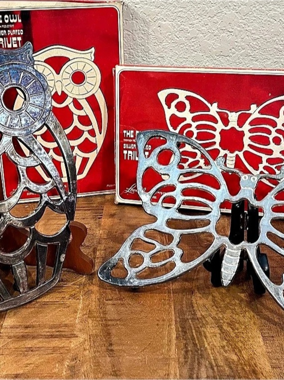 Vintage Leonard Silver Plated Owl and Butterfly trivets with original boxes